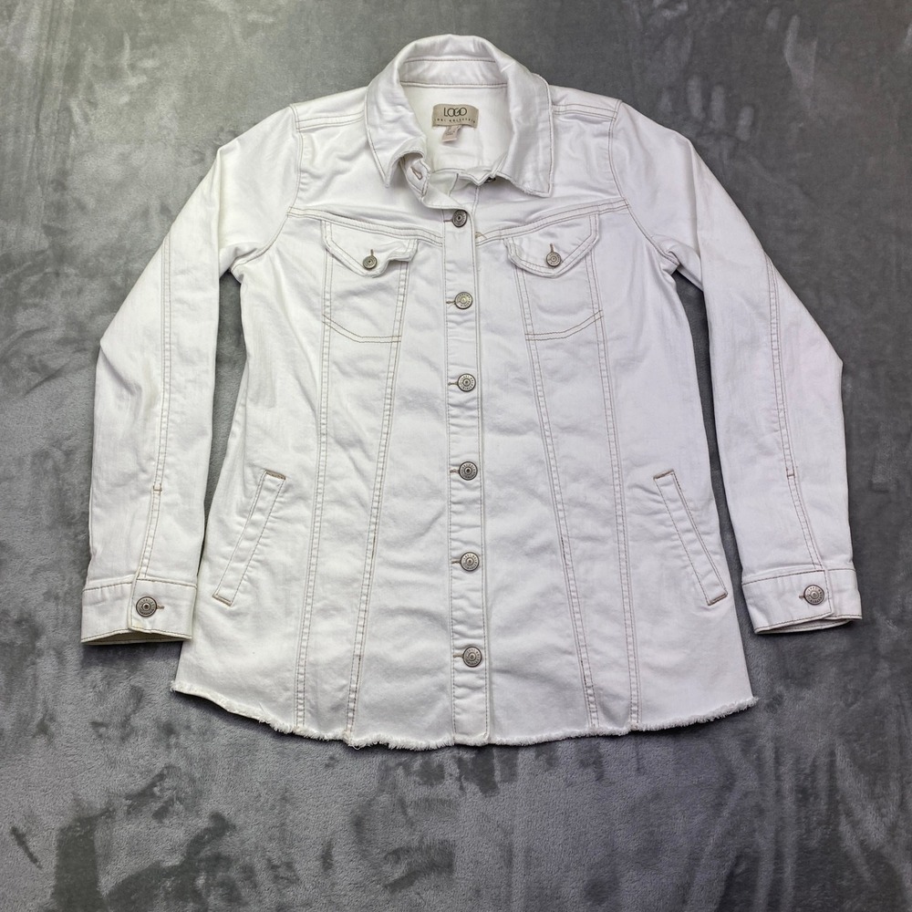 LOGO Lori Goldstein Denim Jacket Womens 2 White Button Front Frayed Hem‎ Grunge
